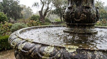 Raindrops cascade upon the ornate surface of a classic stone fountain, a scene of tranquility set against the backdrop of a peaceful, verdant garden.