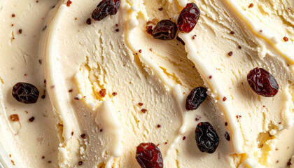ラムレーズンが散りばめられた濃厚アイスクリーム表面の贅沢マクロテクスチャ – Macro Texture of Rum Raisin Ice Cream with Creamy Surface and Raisin Pieces