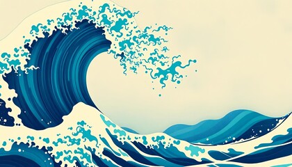 Dynamic, swirling blue-green ocean waves crashing; traditional Japanese woodblock print style,  illustration,  green