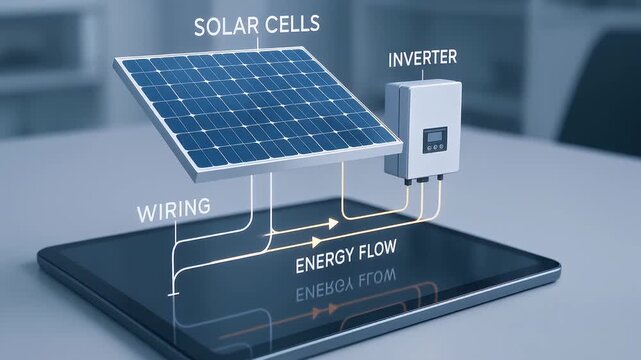 Solar energy system concept with solar cells inverter wiring showing energy flow on digital tablet illustrating renewable power technology clean energy innovation and clean power generation concept