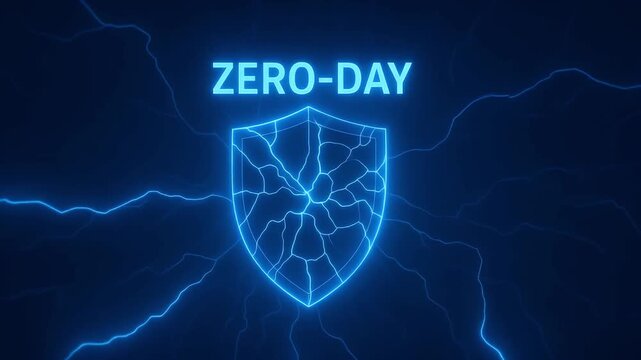 Zero day cyber attack concept with cracked shield and electric blue lightning symbolizing digital vulnerability, cybersecurity threat, and protection failure in futuristic technology background