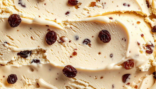 ラムレーズンが散りばめられた濃厚アイスクリーム表面の贅沢マクロテクスチャ &ndash; Macro Texture of Rum Raisin Ice Cream with Creamy Surface and Raisin Pieces
