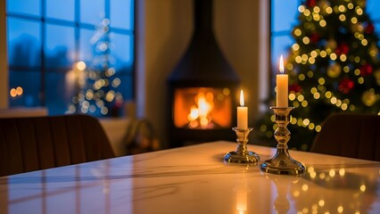 Marble Table with Candles Cozy Christmas Background