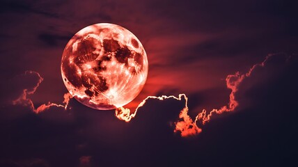 Dramatic red moon with fiery trails against a dark ominous night sky