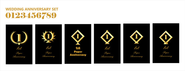 Vector, Luxury 1st Paper Wedding Anniversary Card Collection in Gold and Black.