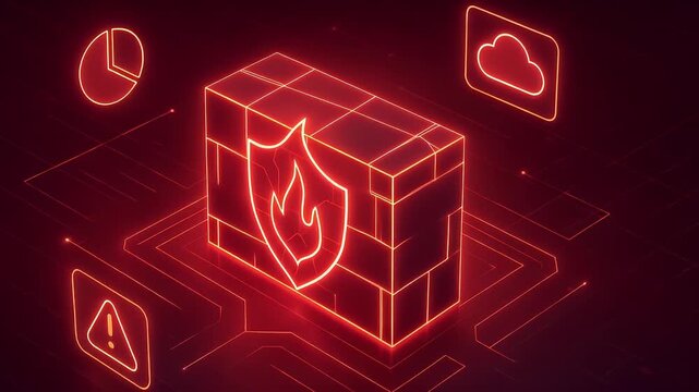 Firewall protection shield with glowing red neon flame and brick wall, cloud warning pie chart icons symbolizing advanced cybersecurity and data protection technology in digital network environment