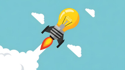 Modern business startup launch and creative innovation concept with lightbulb rocket flying through the sky for global success technology growth and digital transformation ideas