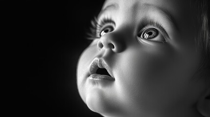 A baby's face is captured in a black and white close-up portrait, shown in profile as it looks up with a sense of innocent wonder