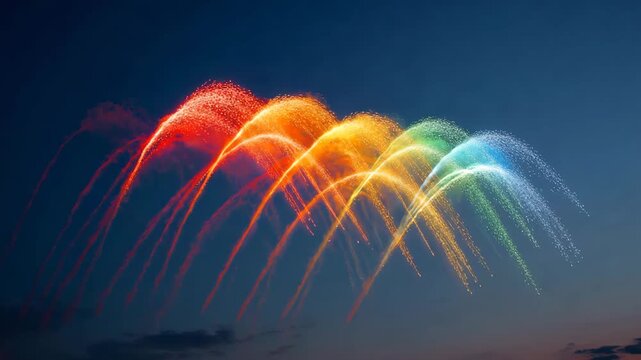 Dynamic rainbow light trails forming colorful arcs against a dark blue evening sky ideal for celebration energy or abstract technology concepts