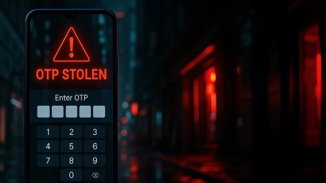 OTP Stolen Warning Digital Security Alert Cybercrime Risk on Smartphone Screen in Dark City, Glowing Red Light, Online Fraud, Data Theft, Password Protection, Urgent Cybercrime Alert