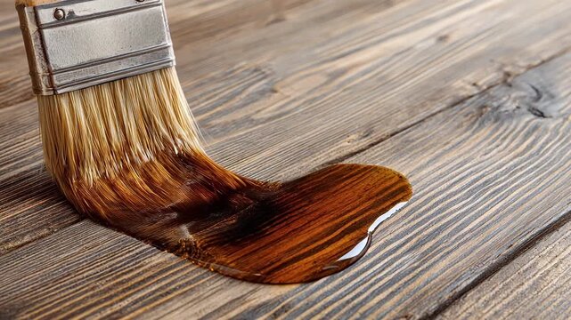 Brush Wood Stain Natural Brown Slow Controlled Stroke Texture Finish for Smooth Even Coat on Rustic Wooden Surface Highlighting Grain and Enhancing Warm Inviting Appearance