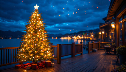 Festive Christmas Tree on Wooden Deck Blue Night