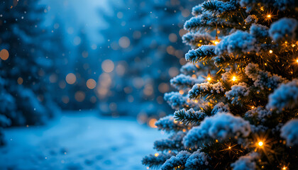 Snowy Christmas Tree with Golden Lights Blue Blur winter holiday background copy space
