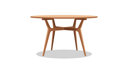 Fototapeta premium Round mid-century modern wooden dining table with four tapered legs and interlocking support structure on white background.