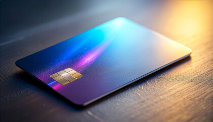Close-up perspective of a premium credit card on a wooden surface with cinematic lighting. Abstract blue and purple glowing design for high-end financial services and digital payment themes