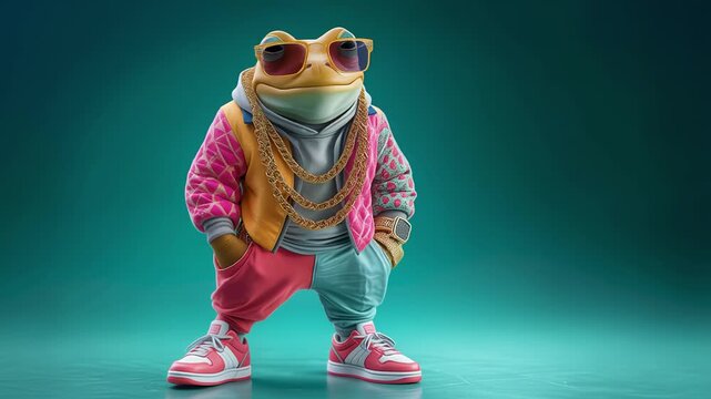 Dancing Stylish Frog Wearing Hip-Hop Outfit and Sunglasses