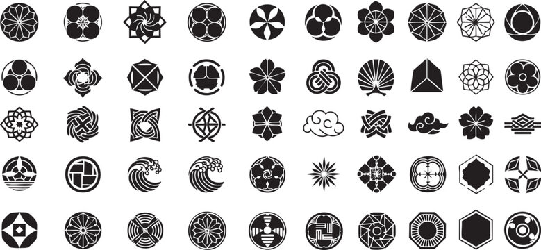Japanese Kamon Family Crest Set &ndash; Traditional Monotone Emblem and Seal Collection