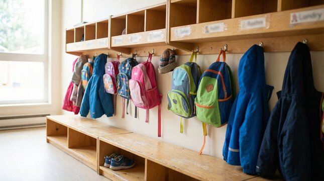 A row of wooden cubbies and hooks holding children's backpacks and coats in a bright corridor. Shoes are stored on bench shelves beneath the hooks near a window.