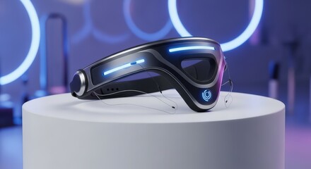 Futuristic virtual reality headset with glowing blue lights on white pedestal. Innovative medical diagnostic device for healthcare and wellness.
