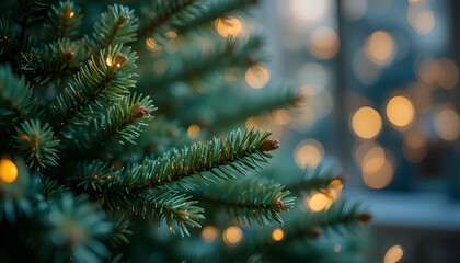 Winter Evergreen Branches and Warm Golden Lights backgrounds copy space 