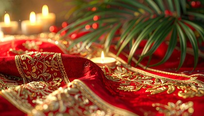 Close up of Ornate Church Textiles and Symbolic Palm Fronds Celebrating the Feast of St. Stephen