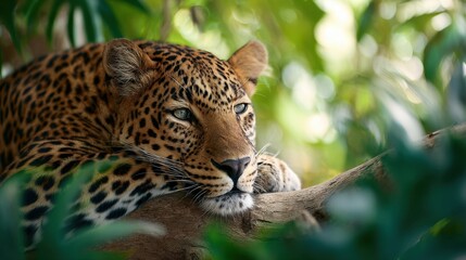 Fototapeta premium A majestic leopard resting on a branch, with a lush blurry background of vibrant green tropical leaves. Shallow depth of field 
