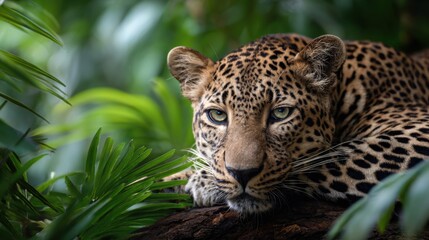 A majestic leopard resting on a branch, with a lush blurry background of vibrant green tropical leaves. Shallow depth of field
