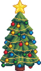 Vector pixel art illustration of a decorated Christmas tree with lights and ornaments, isolated on a clean white background for holiday designs.