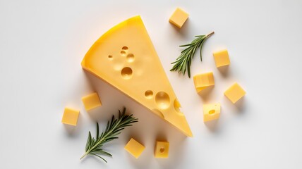 Gourmet Swiss Cheese Wedge with Holes and Cubes Decorated with Fresh Rosemary Sprigs Isolated on White Background