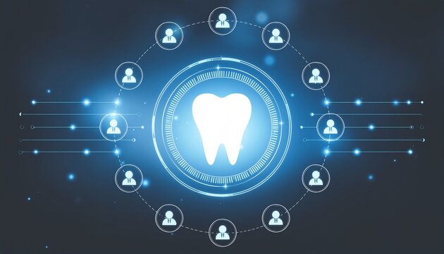 Digital Dental: A mesmerizing, futuristic display showcases a bright, glowing tooth at the core, surrounded by a ring of interconnected user icons. - Powered by Adobe