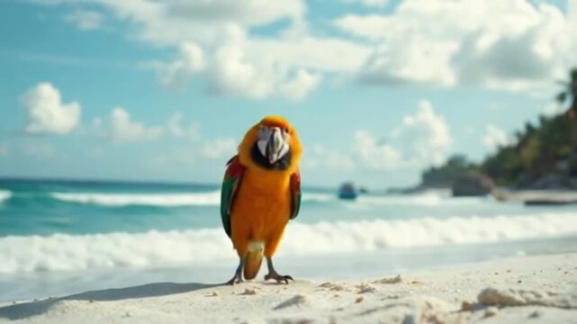 Vibrant macaw parrot standing on sunny beach with ocean waves