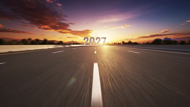 Happy New Year 2026 concept with road markings showing 2025 2026 and 2027 symbolizing journey forward fresh start progress transition and future success along open path