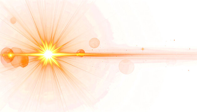Realistic golden light flare with bright starburst and rays. Abstract camera lens effect overlay with transparent background for easy compositing. Luminous sunbeam effect for design projects.