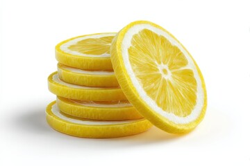 Fresh lemon slices stacked and cut, juicy citrus texture and bright yellow color isolated on white background, healthy food ingredient, vitamin rich fruit, freshness concept for cooking drinks design
