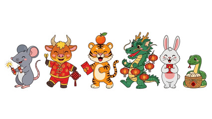 Cute Chinese Zodiac Animals in Traditional Outfits Celebrating New Year.