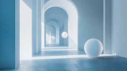 A serene archway scene features soft lighting and abstract spheres evoking calmness. Explore this dreamy ambiance for artistic inspiration. Generative AI