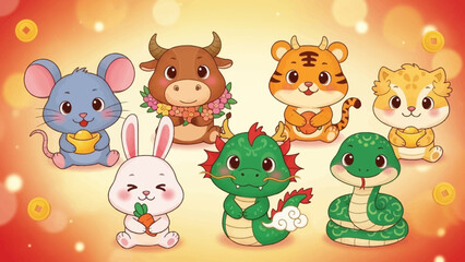 Fototapeta premium Cute Cartoon Chinese Zodiac Animals Collection.