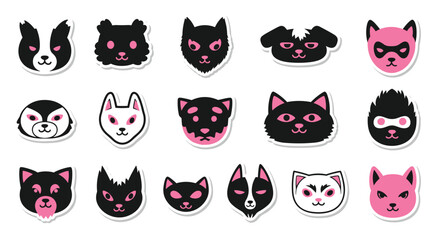 Edgy and cool sticker set of cat and dog heads wearing superhero masks, showcasing a modern, tough-guy graphic novel art style.