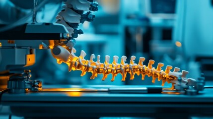 Intricate model of a human spine under study in a laboratory setting. This image captures the details of spinal anatomy. A tool for education and research. Generative AI