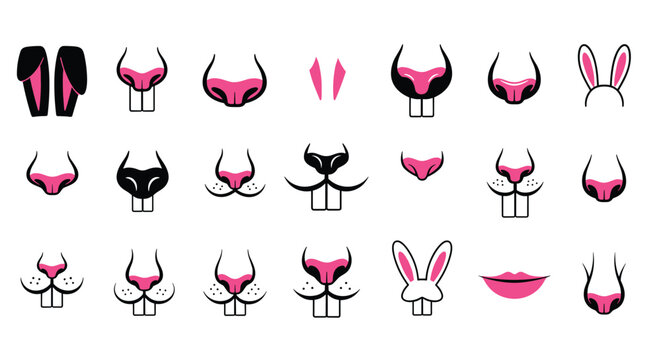 Creative DIY kit for making rabbit faces, featuring various bunny ears, noses, buck teeth, and whiskers for Easter or party masks.