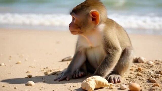 Adorable monkey eating food on sandy beach by ocean