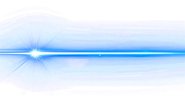 Blue anamorphic lens flare with a glowing starburst and horizontal light streaks. Optical effect for futuristic design, isolated on a transparent background for easy overlaying.