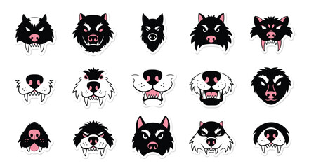 Fierce collection of werewolf and wild beast faces and muzzles, showing angry expressions with sharp teeth and bristling fur.