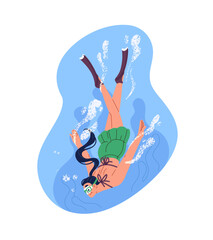 Swimmer does scuba diving in ocean. Diver swimming deep underwater, undersea. Young woman with fins, goggles is in water at sea resort in summer. Flat isolated vector illustration on white background. © Paper Trident