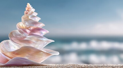 Close-up of a smooth iridescent mother-of-pearl seashell fragment resting on a sandy beach with the ocean blurred in the background.