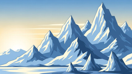 Snowy mountain range with icy peaks rising above calm water at sunrise or sunset