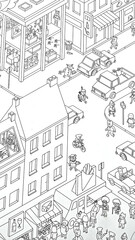 Fototapeta premium A detailed black-and-white illustration of a city street, executed in a hand-drawn line art style. The cityscape features buildings, cars, shops, and a multitude of cute characters.