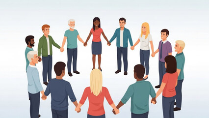 Diverse group of people holding hands in a circle, teamwork unity and diversity concept