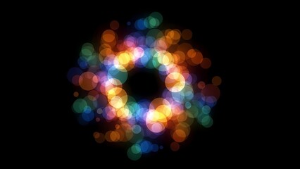 Vibrant abstract circular bokeh lights forming a magical, glowing radial pattern against a deep black background, perfect for festive designs and celebratory themes.
