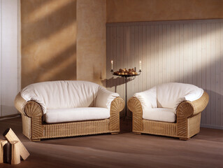 Single shot photo of a room with a wicker sofa and armchair